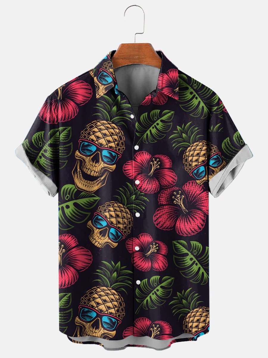 Men''s Hawaiian Pineapple Skull Casual Short Sleeve Shirt