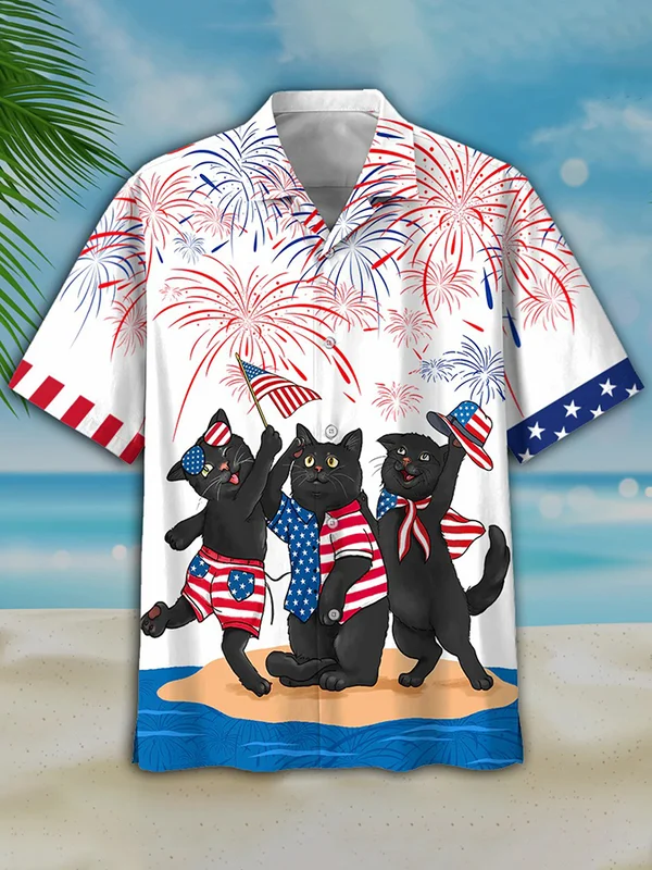 Men''s Independence Day Is Coming Cat Print Casual Hawaiian Shirt/ USA Patriotic Hawaiian Shirt