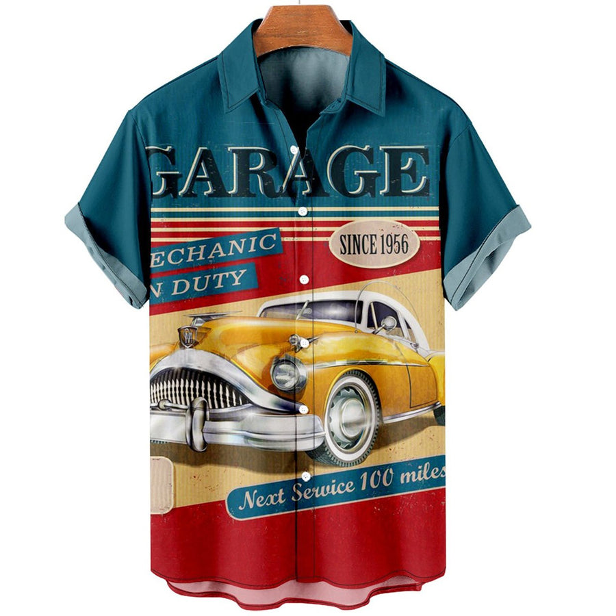 Hawaiian shirt vintage/ Hawaii shirts mens/ Men''s Retro Contrast Color Stitching Garage Car Casual Shirt