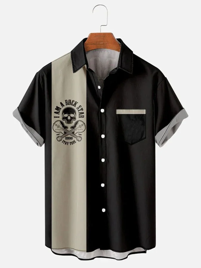 Men''s Retro Rock Guitar Casual Short Sleeve Bowling hawaiian Shirt