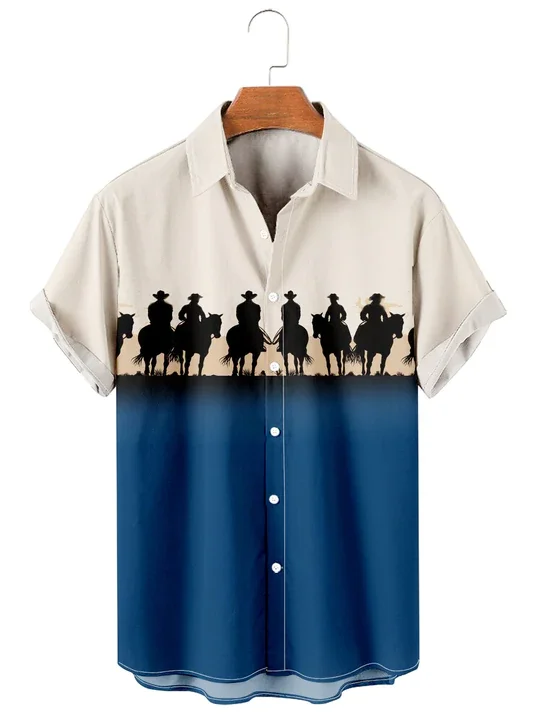 Men''s Simple Ethnic Pattern Denim Patchwork Casual hawaii Shirt