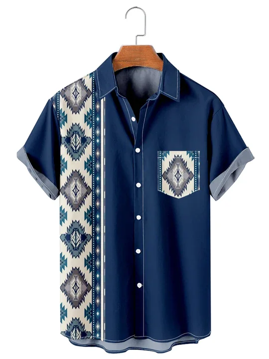 Men''s Simple Ethnic Pattern Patchwork Casual hawaiian Shirt