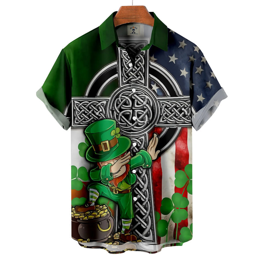 Men''s St. Patrick''s Day Fun Flag Panel Print Short Sleeve hawaiian Shirt