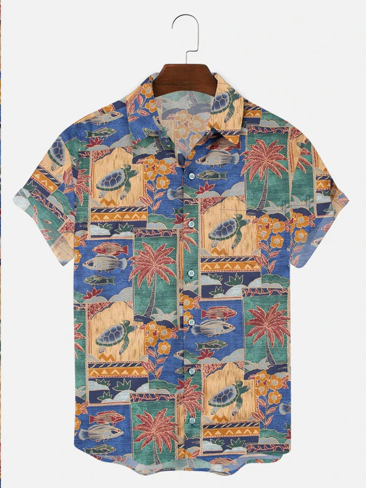 Men''s Wrinkle Free Vintage Casual Tribal Shirts Turtle Pattern Seersucker