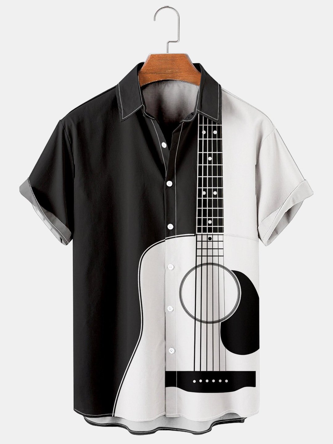 Mens Folk Pop Guitar Print Casual Short Sleeve hawaiian Shirts