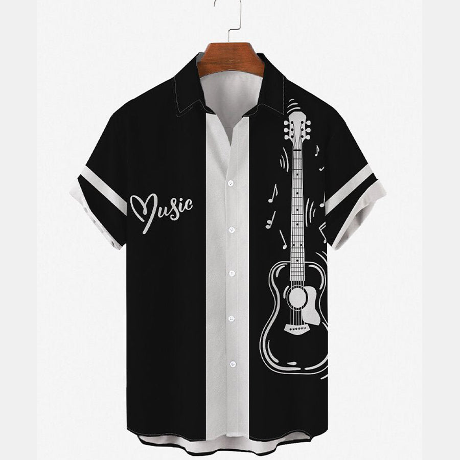 Guitar hawaiian shirt/ Mens Music Festival Print Round Hem Loose Short Sleeve Hawaiian Shirts