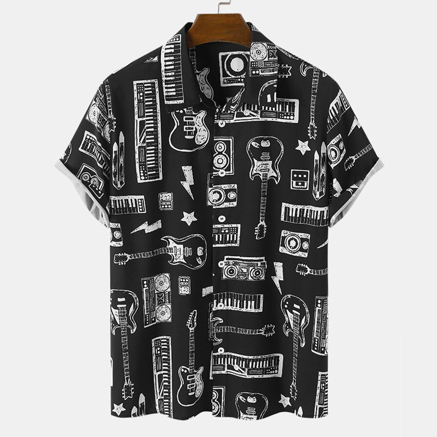 Mens Musical hawaiian shirt/  Instrument Print Button Front Short Sleeve Black Shirts