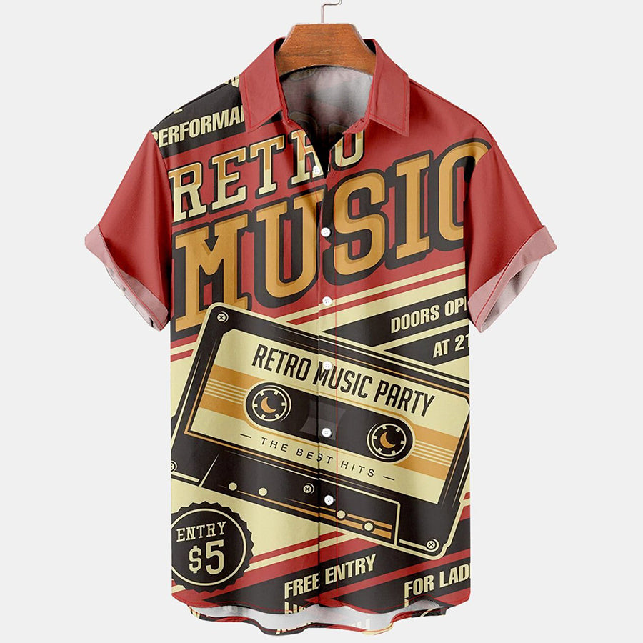 Mens Retro Music Print Lapel Loose Short Sleeve Hawaiian Shirts