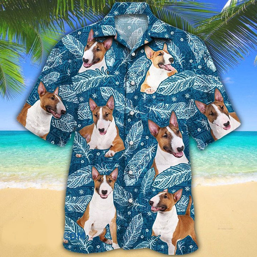 Miniature Bull Terrier Dog Lovers Blue Feather Hawaii Hawaiian Shirt