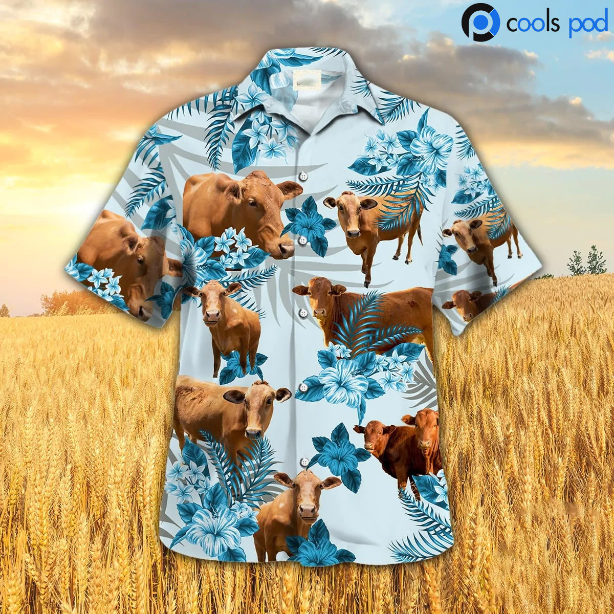 Beefmaster Hibiscus Hawaiian Shirt/ Blue Cow Hawaiian Shirts/ Farm Hawaii Shirt For Men Women