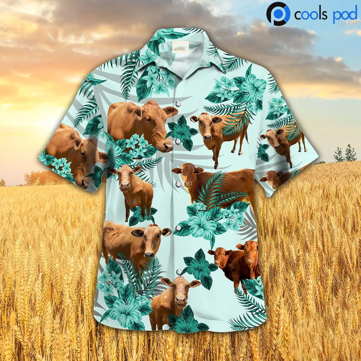 Beefmaster Hibiscus Hawaiian Shirt/ Green Cow Hawaiian Shirts/ Farm Hawaii Shirt Gift For Farmer