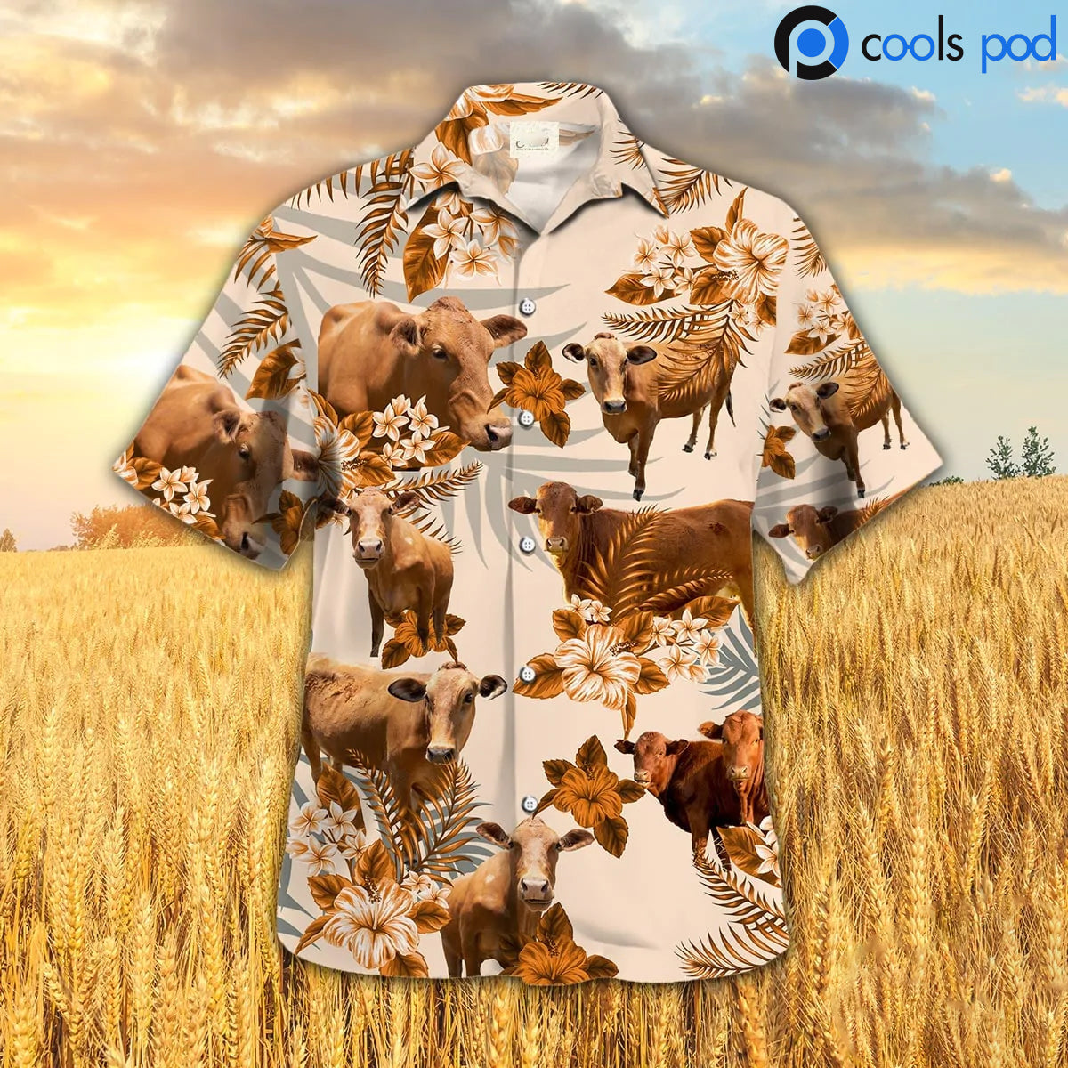 Beefmaster Hibiscus Hawaiian Shirt/ Orange Cow Hawaiian Shirts/ Best Farm Hawaii Shirt Premium
