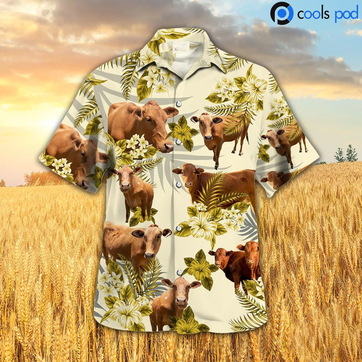Beefmaster Hibiscus Hawaiian Shirt/ Cute Yellow Farm Hawaii Shirts Short Sleeve
