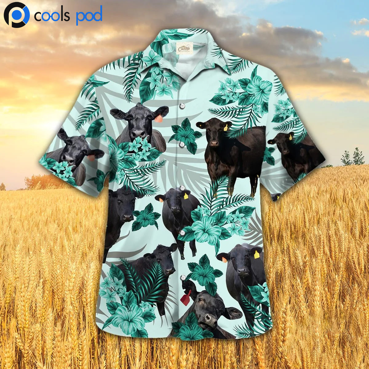 Black Angus Hawaiian Shirt Hibiscus Pattern/ Cow Hawaii Aloha Beach Shirt