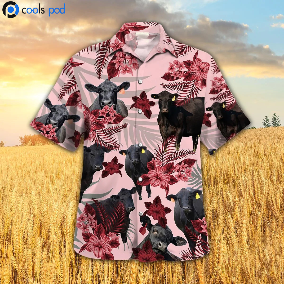 Black Angus Hibiscus Hawaiian Shirt/ Red Cow Hawaiian Shirt Farm Animal Lover