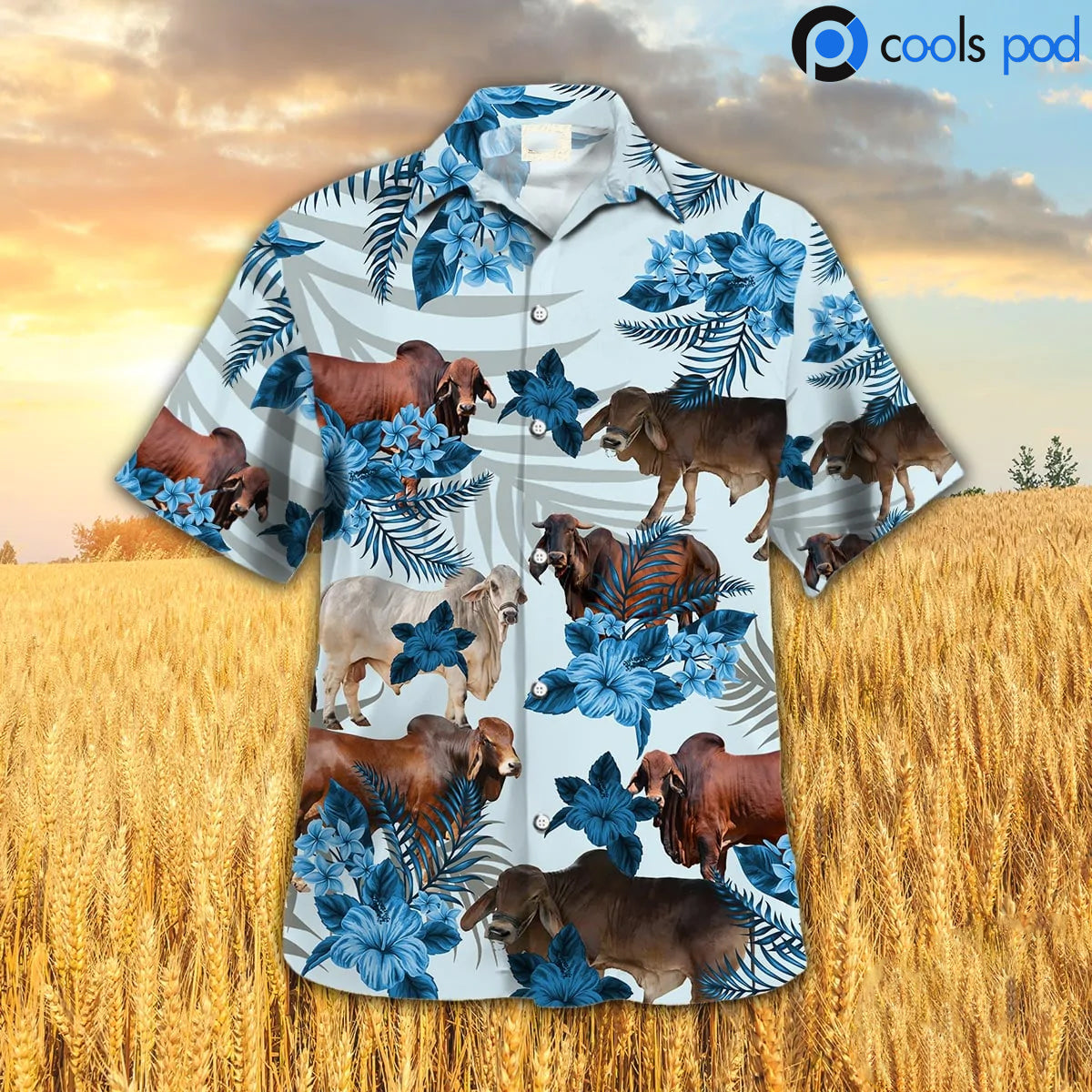 Brahman Full Colors Hibiscus Hawaiian Shirt/ Farm Cow Blue Hawaiian Shirts/ Men Hawaii Shirt