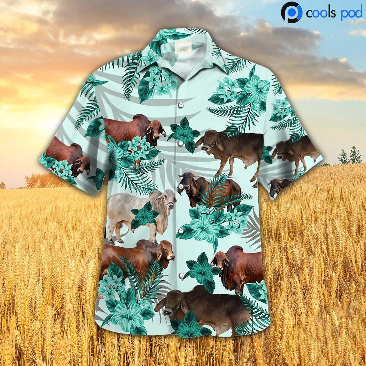 Brahman Hibiscus Hawaiian Shirt/ Green Cow Hawaii Aloha Shirt/ Farm Hawaiian Shirt For Men Women