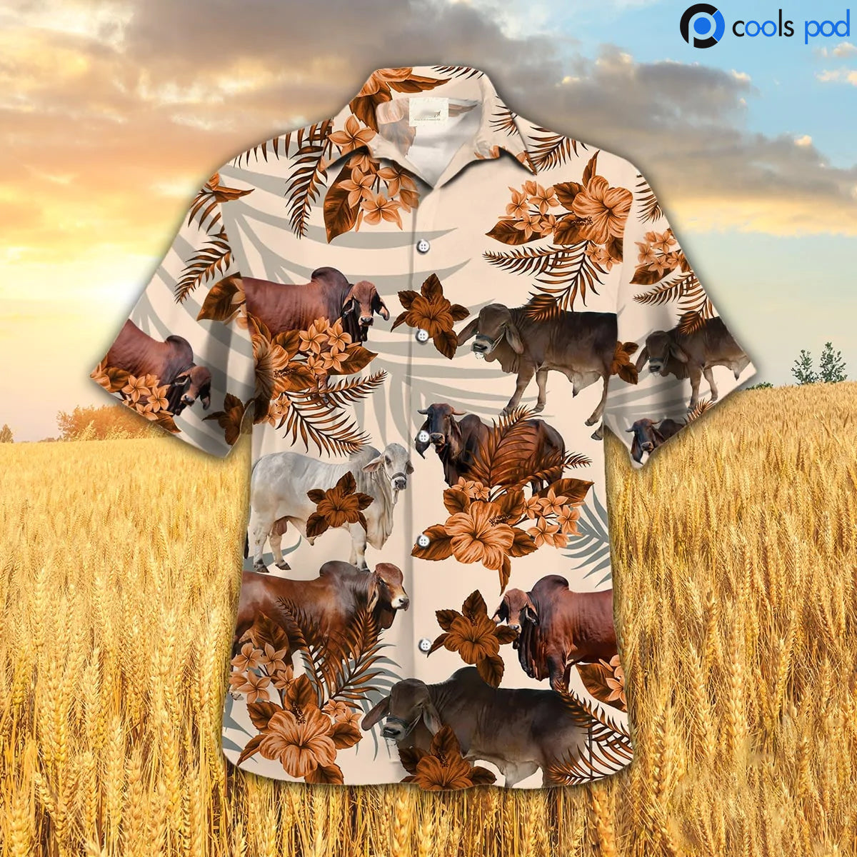 Brahman Hibiscus Hawaiian Shirt/ Orange Cow Hawaii Aloha Shirt/ Farm Hawaiian Shirt For Animal Lovers