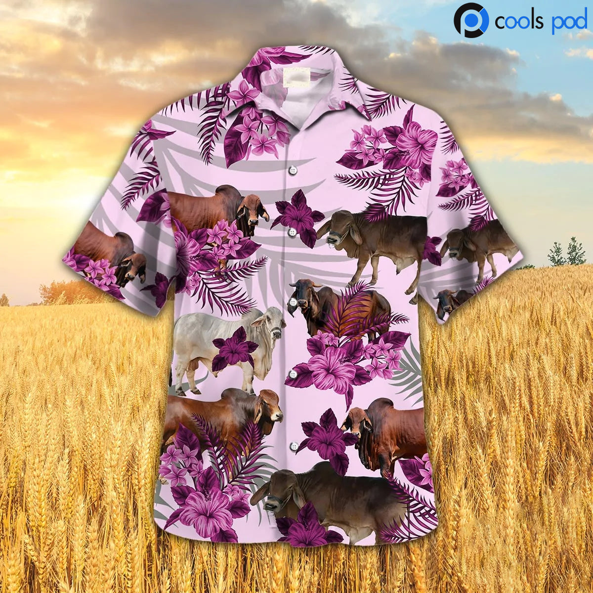 Brahman Hibiscus Hawaiian Shirt/ Pink Cow Hawaii Aloha Shirt/ Farmer Hawaiian Shirts Men Women