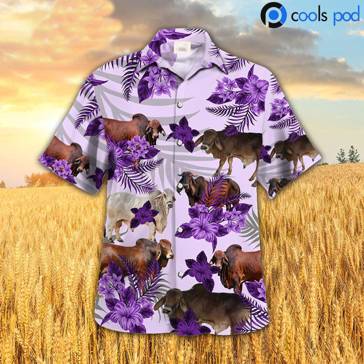 Brahman Full Colors Hibiscus Hawaiian Shirt/ Farm Cow Purple Hawaiian Shirts