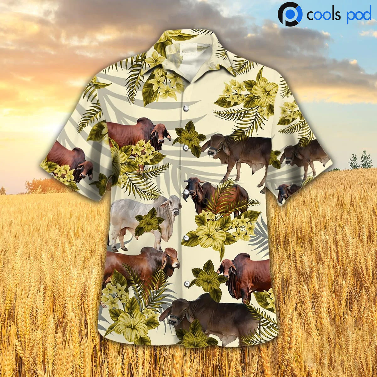 Brahman Hibiscus Hawaiian Shirt/ Yellow Farm Cow Hawaiian Shirt/ Hawaiian Shirt Short Sleeve Premium