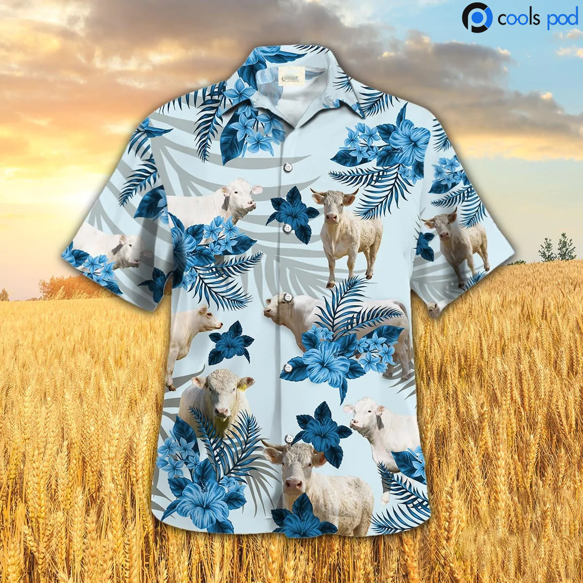 Charolais Hibiscus Pattern Hawaiian Shirt/ Blue Farm Hawaiian Shirt For Men Women