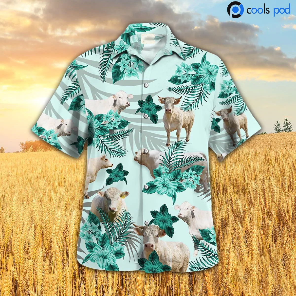 Charolais Hibiscus Pattern Hawaiian Shirt/ Green Farm Hawaiian Shirt For Famr Lover