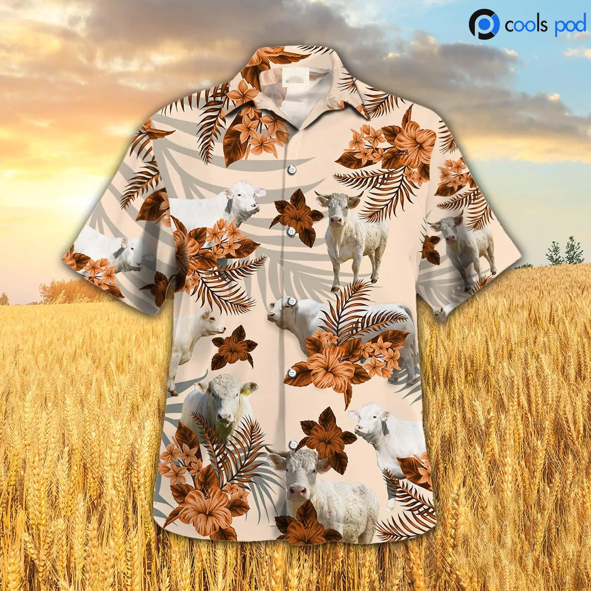Charolais Hibiscus Pattern Hawaiian Shirt/ Farm Hawaiian Shirt/ Cool Orange Hawaii Shirt Men Women
