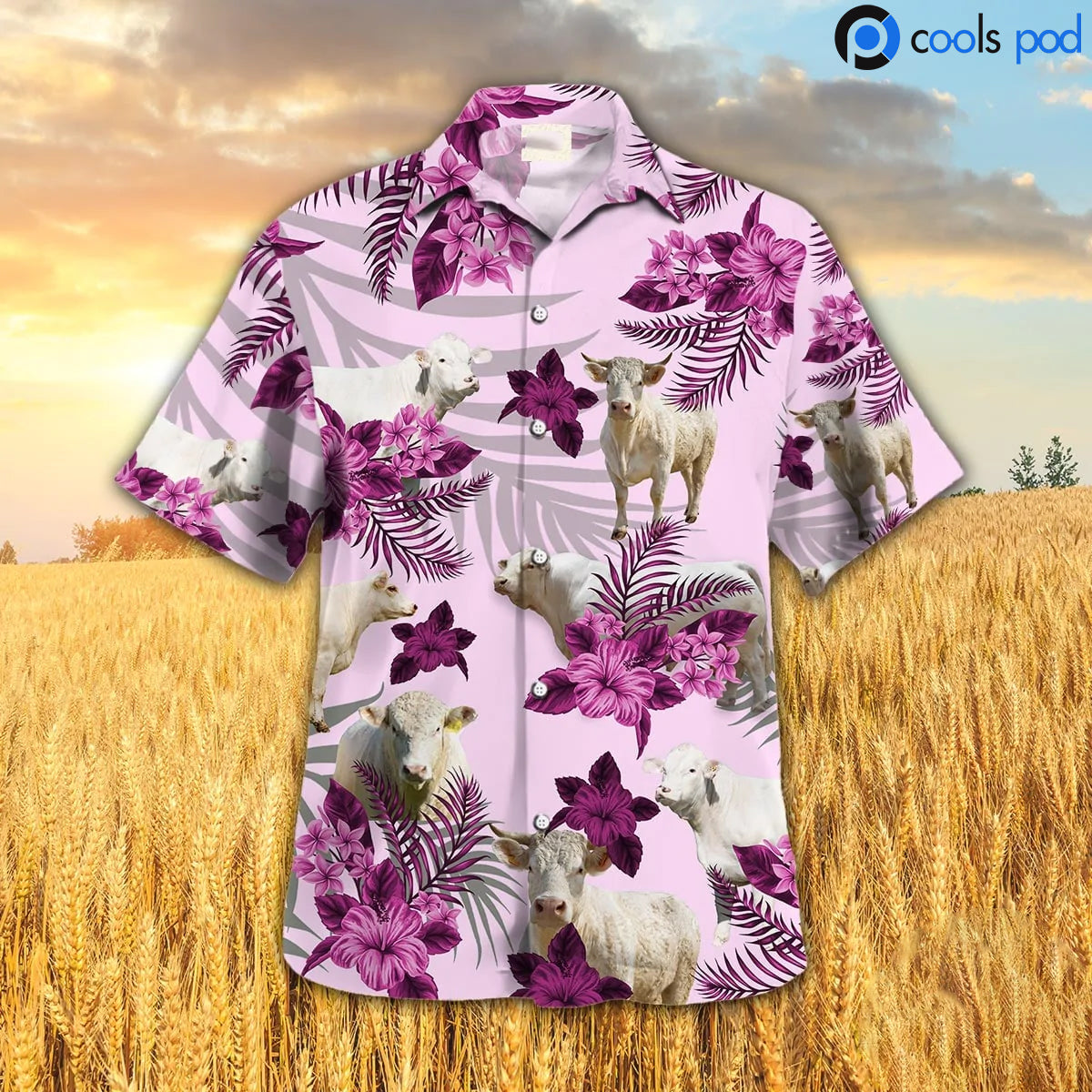 Charolais Hibiscus Hawaiian Shirt/ Pink Hawaiian Shirt All Over Printed Cow Floral