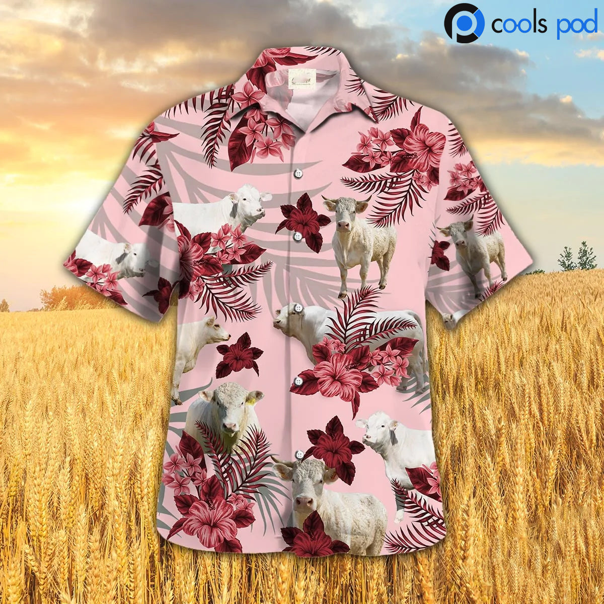 Charolais Hibiscus Hawaiian Shirt/ Red Hawaiian Shirt For Farmer/ Farm Hawaii Shirts