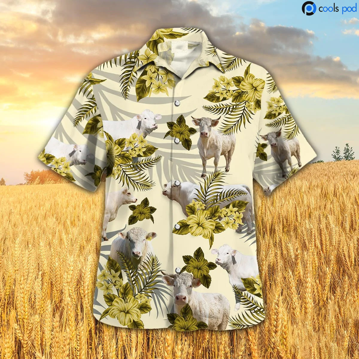Charolais Hibiscus Hawaiian Shirt/ Yellow Hawaiian Shirt For Farmer/ Cute Hawaii Shirt Men Women
