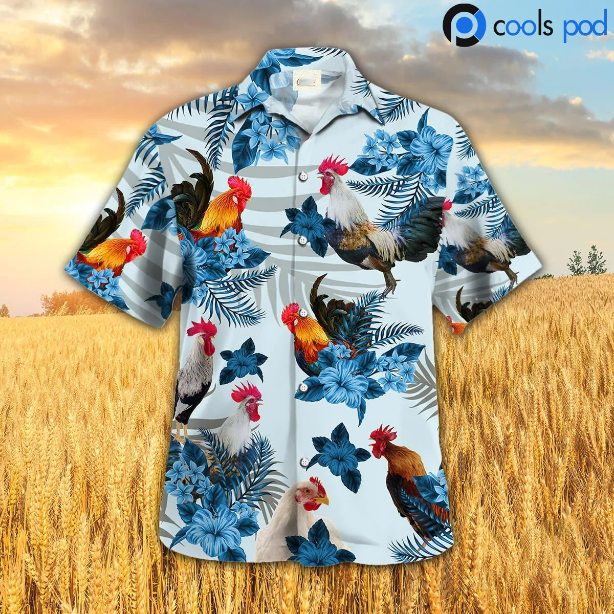 Chicken Hibiscus Hawaiian Shirt/ Rooster Blue Hawaii Shirt For Animal Lovers