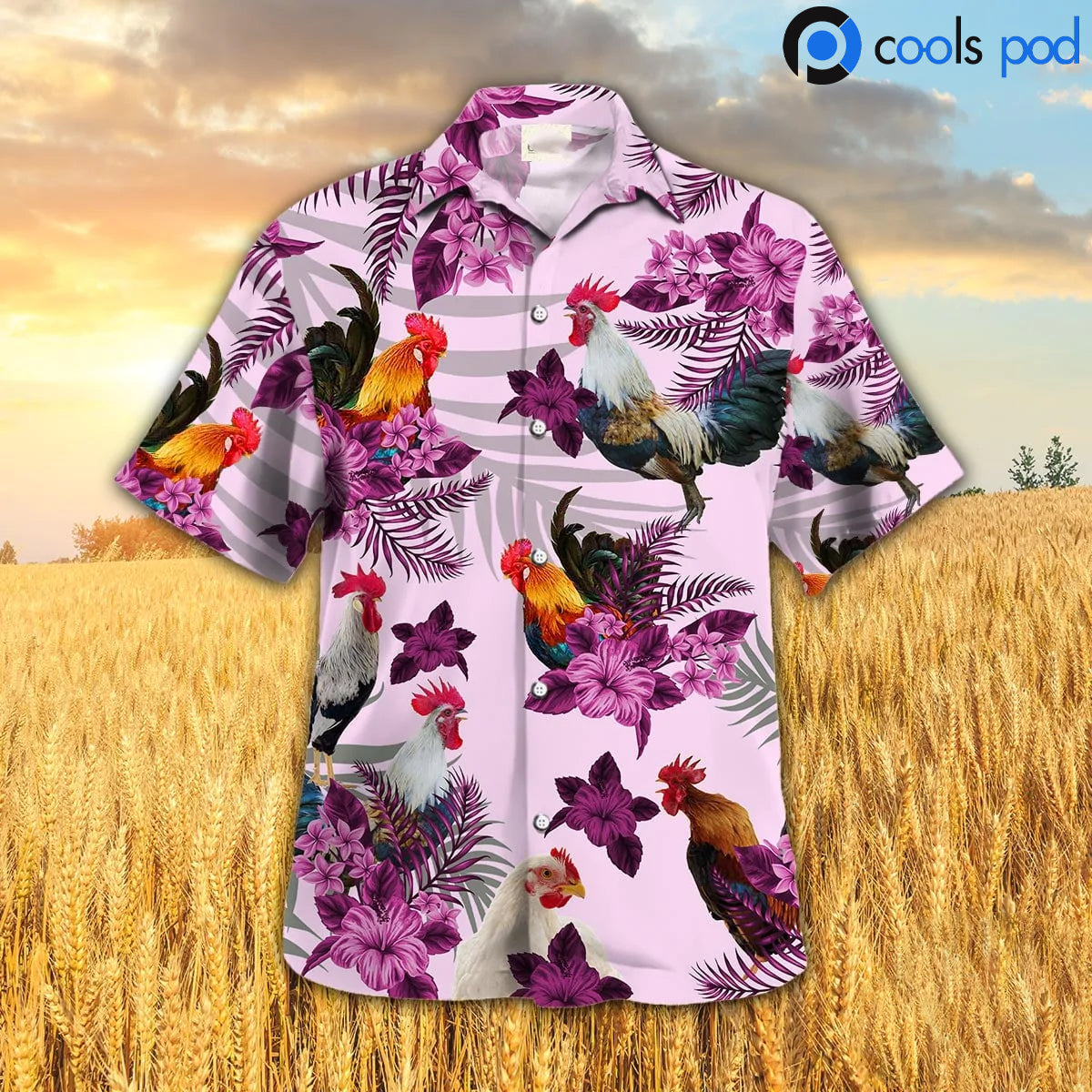 Chicken Hibiscus Hawaiian Shirt/ Rooster Pink Hawaii Shirt/ Farm Hawaiian Shirts