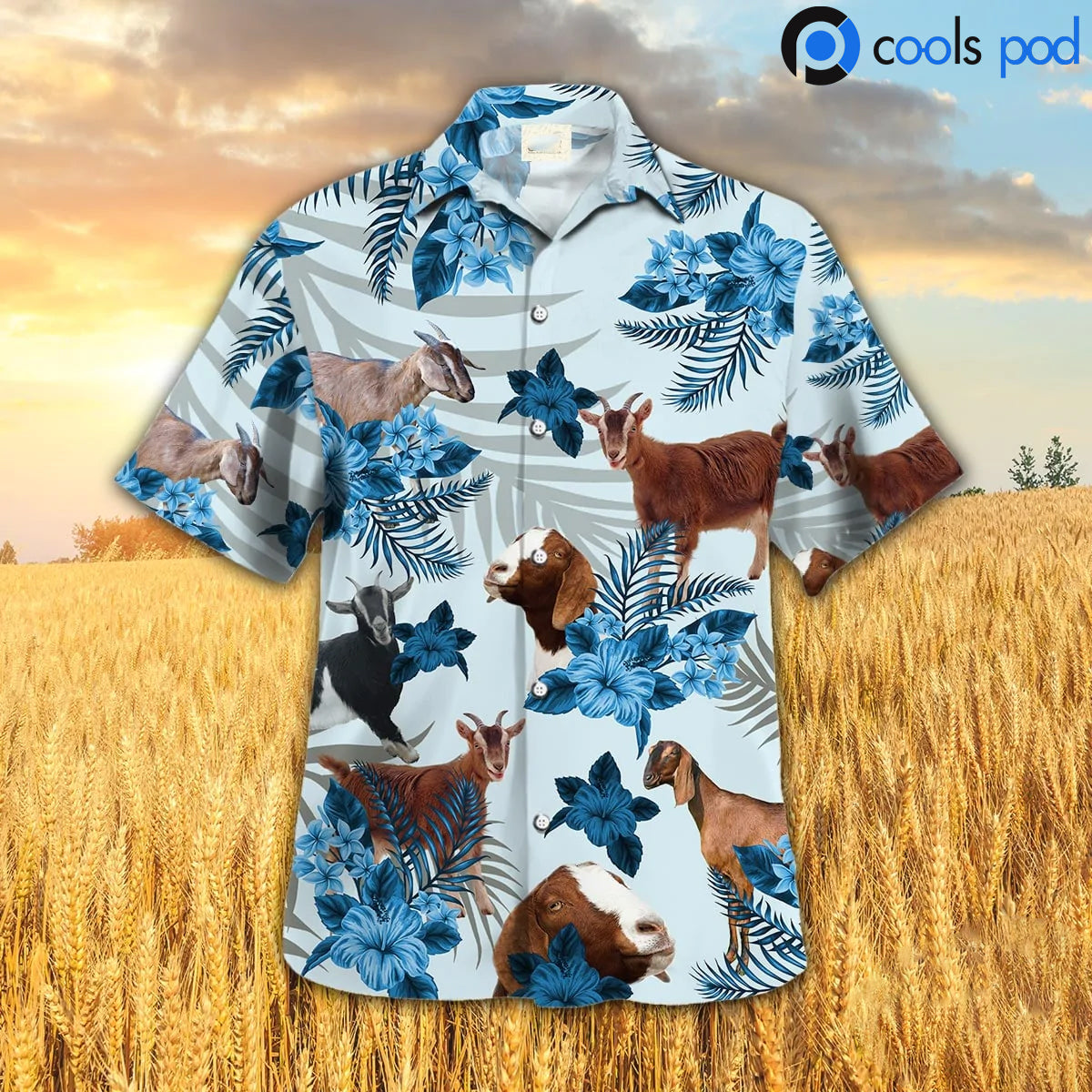 Goat Hibiscus Blue Pattern Hawaiian Shirt/ Goat Hawaiian Shirt For Summer Travel