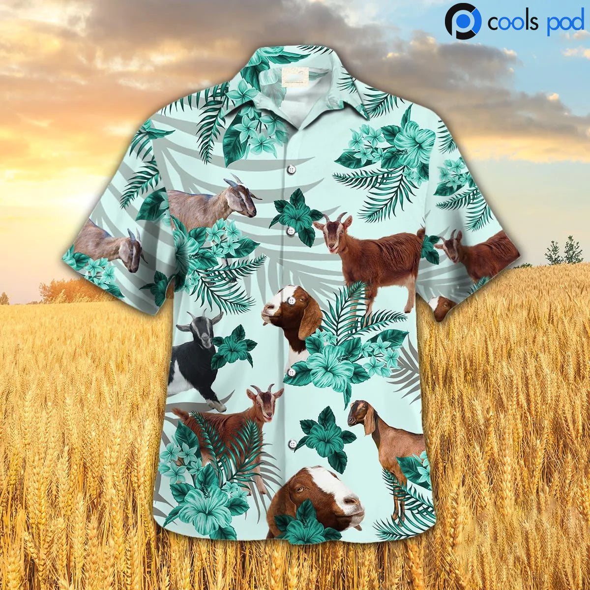 Goat Hibiscus Green Pattern Hawaiian Shirt/ Cool Goat Hawaiian Shirt/ Farm Hawaiian Shirt