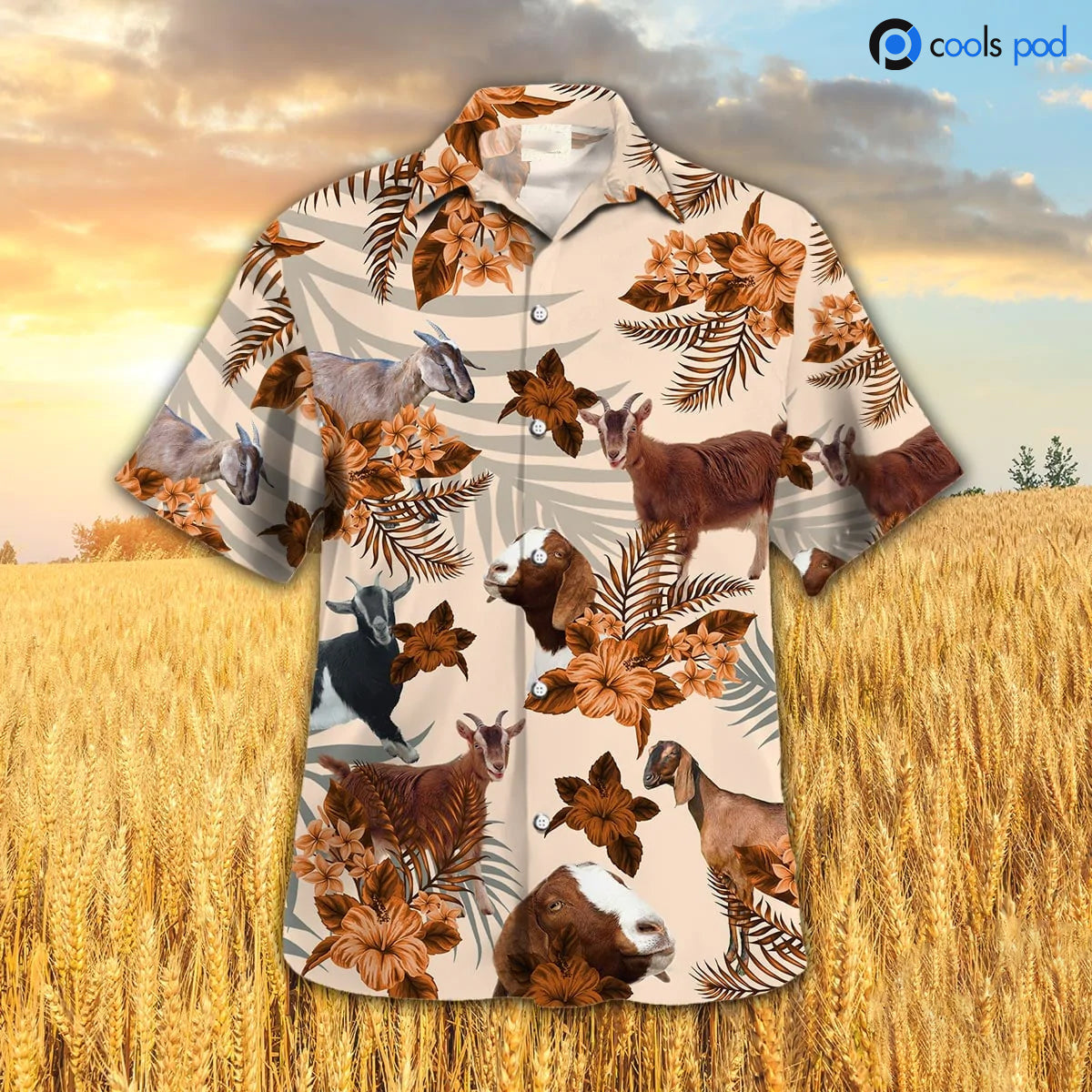 Goat Hibiscus Pattern Orange Hawaiian Shirt/ Goat Hawaiian Shirt For Men Women