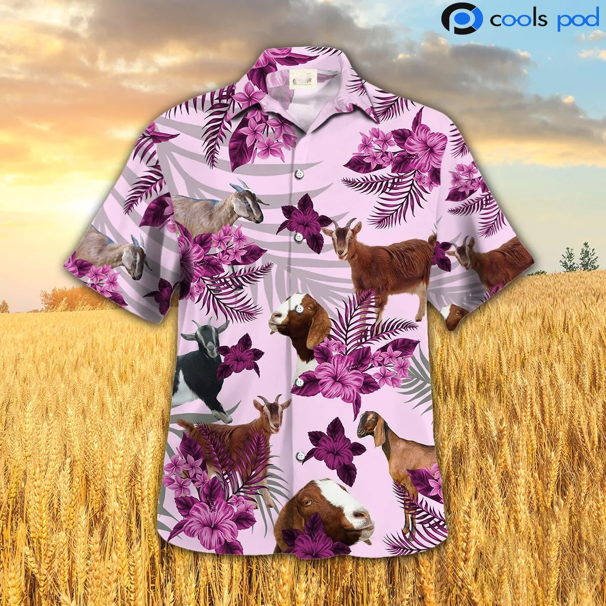 Goat Hibiscus Pattern Pink Hawaiian Shirt/ Goat Hawaiian Shirt/ Gift For Goat Lovers