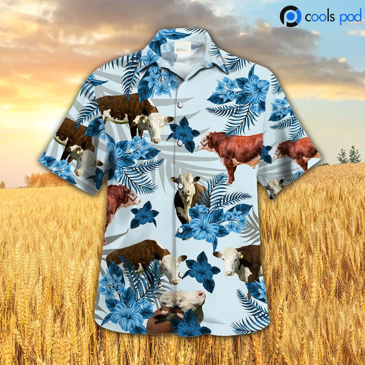 Hereford Hibiscus Hawaiian Shirt/ Farm Cow Blue Hawaiian Shirt