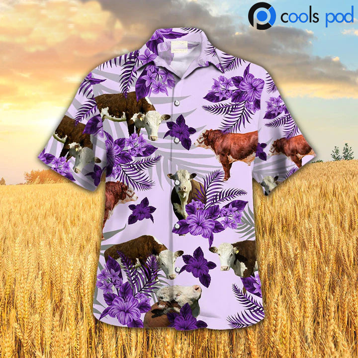Hereford Purple Hibiscus Hawaiian Shirt/ Farm Hawaiian Shirt