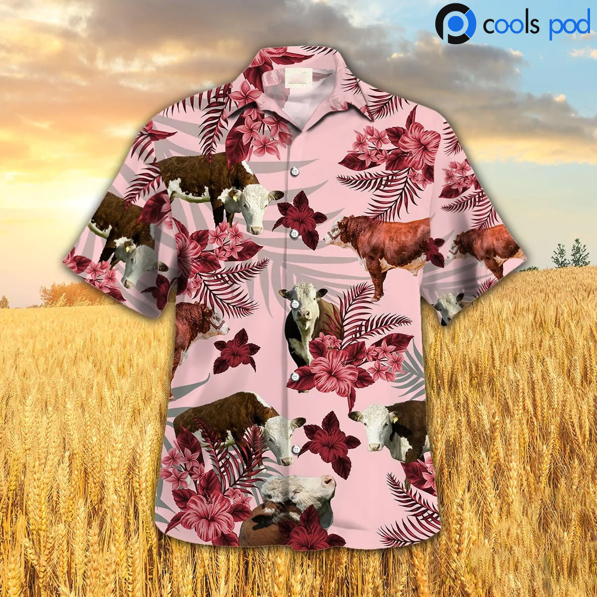Hereford Hibiscus Hawaiian Shirt/ Red Farm Hawaiian Shirt For Men Women