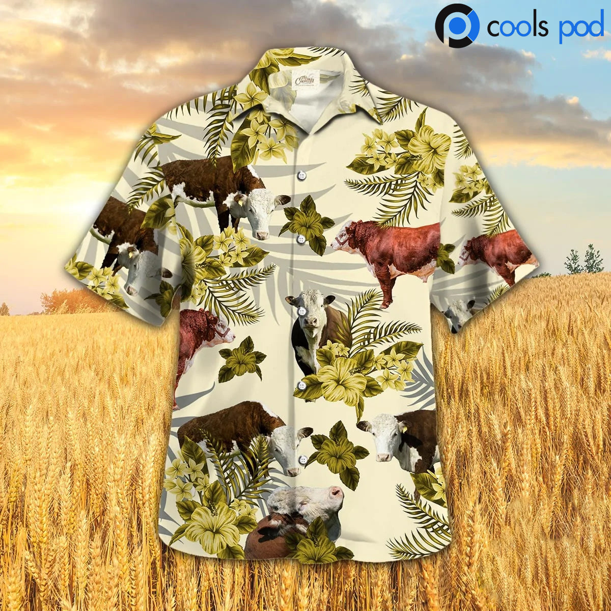 Hereford Hibiscus Pattern Hawaiian Shirt/ Yellow Cool Farm Hawaiian Shirts