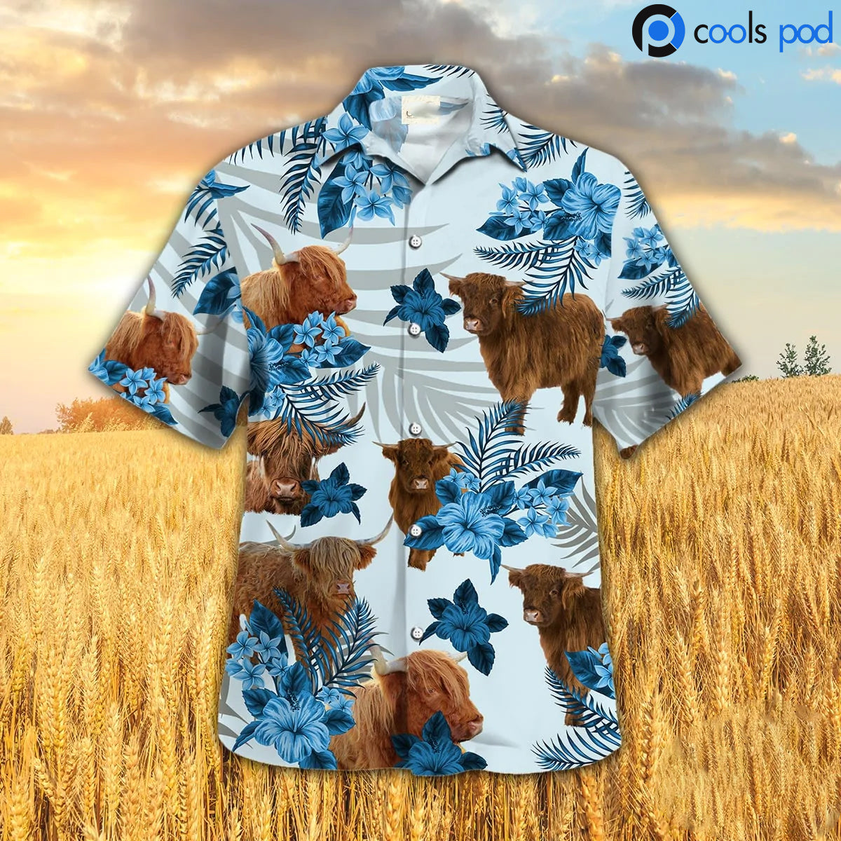 Highland Hibiscus Hawaiian Shirt/ Blue Cow Farm Hawaii Aloha Beach Shirt Short Sleeve