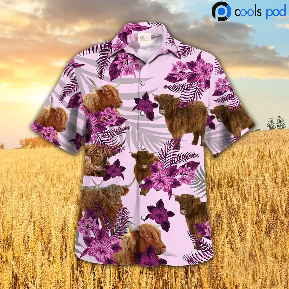 Highland Hibiscus Hawaiian Shirt/ Pink Cow Farm Hawaii Aloha Beach Shirt/ Hawaiian Shirts