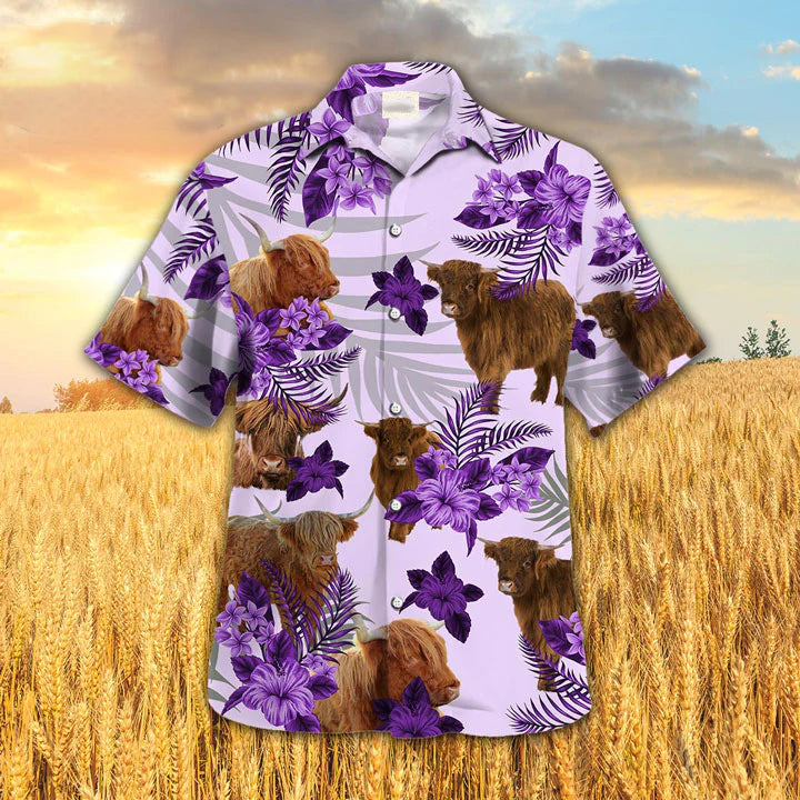 Highland Hibiscus Hawaiian Shirt/ Cow Hawaii Shirt For Men Women/ Cute Hawaiian Shirts
