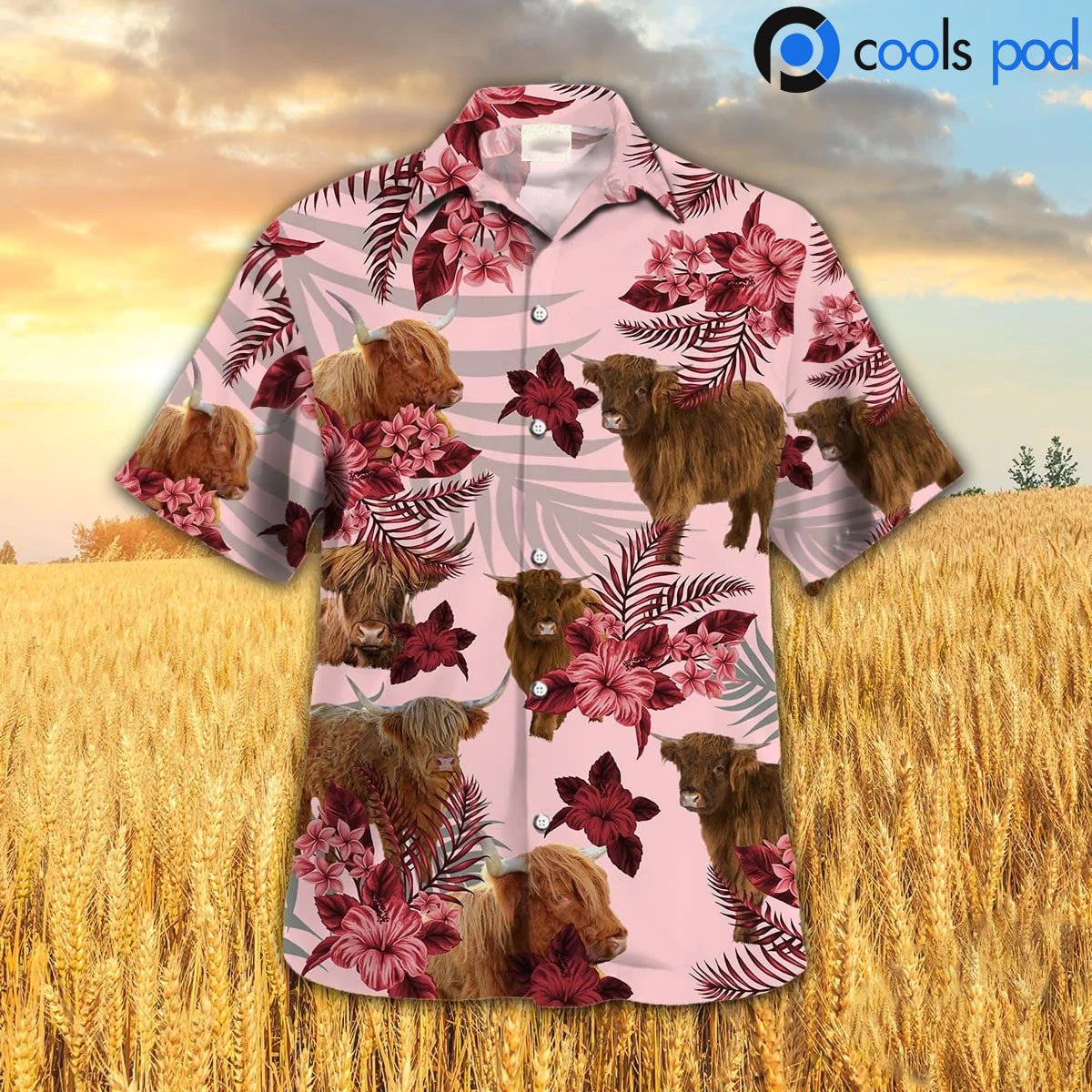 Highland Hibiscus Hawaiian Shirt/ Red Cow Farm Hawaii Aloha Beach Shirt/ Hawaiian Shirts