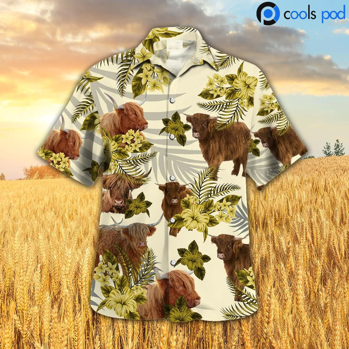 Highland Hibiscus Hawaiian Shirt/ Yellow Cow Farm Hawaiian Shirts For Men Women