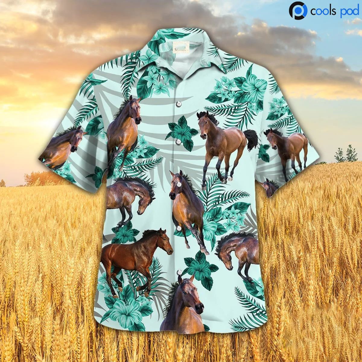 Horse Hibiscus Hawaiian Shirt/ Green Hawaiian Shirt/ Summer Gift To Horse Lovers