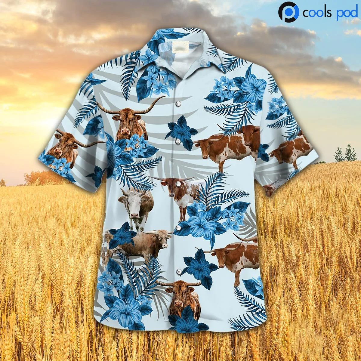 Texas Longhorn Hibiscus Hawaiian Shirt/ Blue Cow Hawaiian Shirt/ Farm Hawaii Shirts