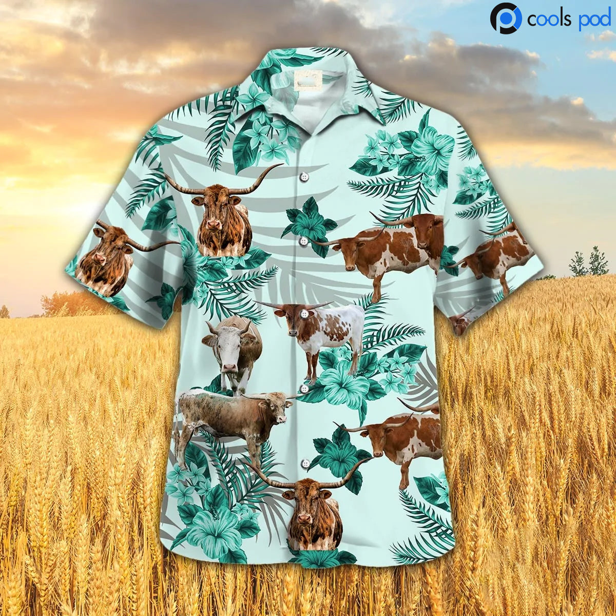 Texas Longhorn Hibiscus Hawaiian Shirt/ Best Cow Hawaiian Shirt/ Hawaiian Shirt For Men Women