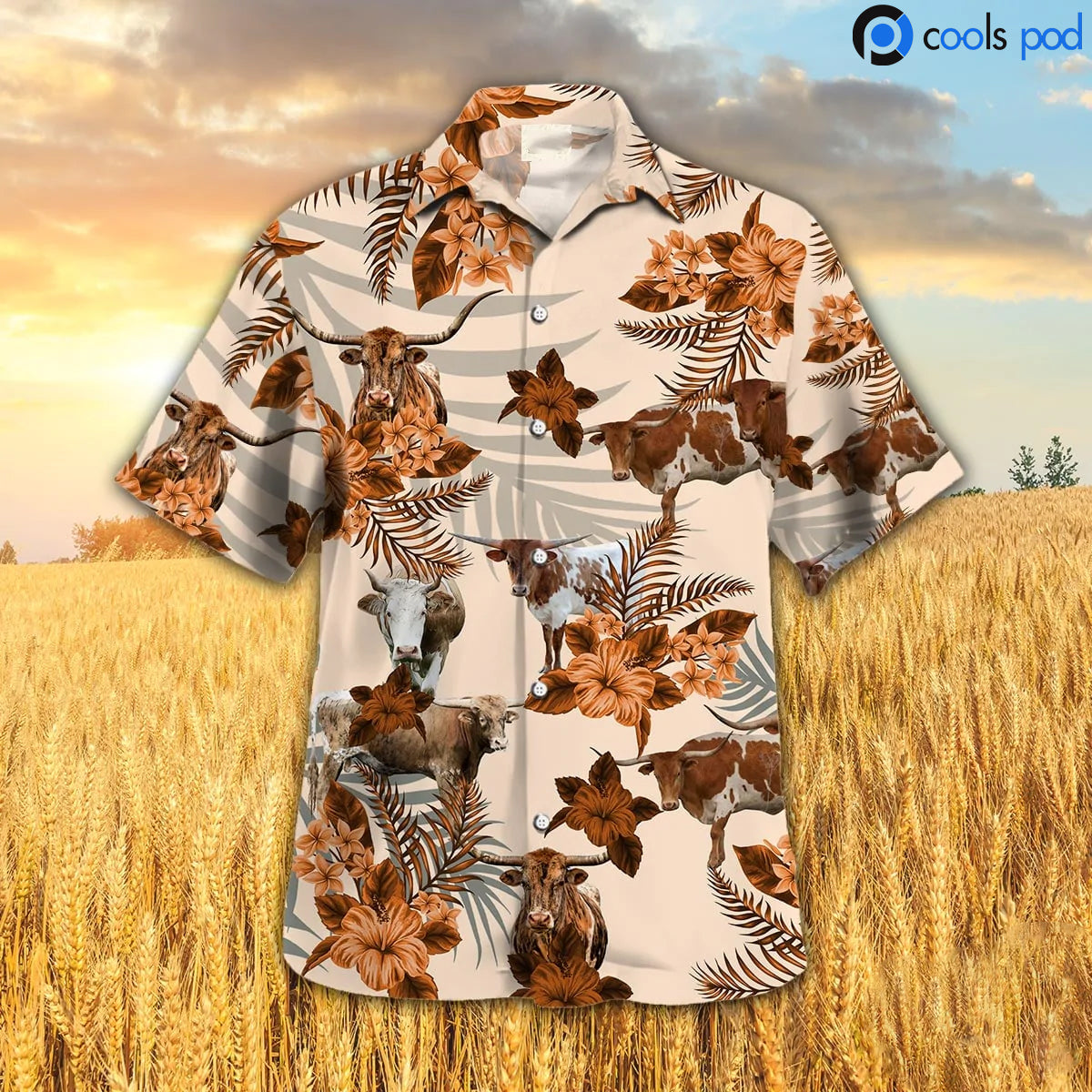 Texas Longhorn Hibiscus Hawaiian Shirt/ Orange Cow Hawaiian Shirt/ Hawaiian Shirt For Men Women